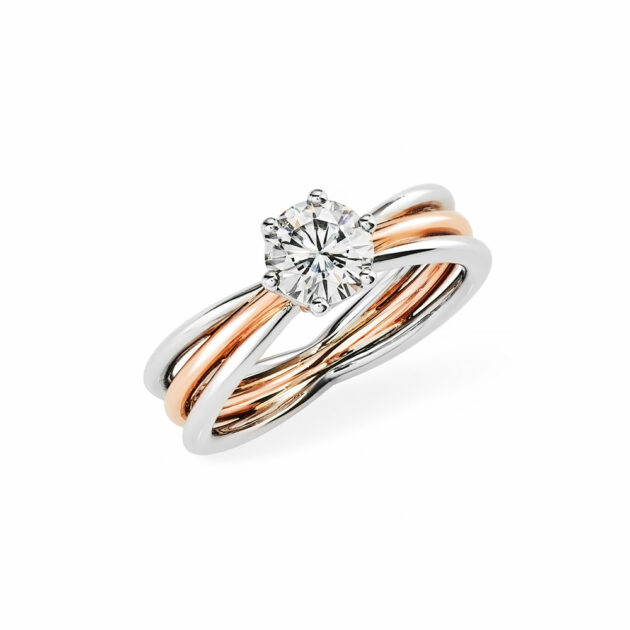 Milana Engagement Ring Set. Bellissima Classic Solitaire Inspired Engagement Ring, set with 1 x 0.80ct Round Moissanite Stone. Three Connected Bands: 9ct Rose & White Gold. Custom Jewellery from Benoni South Africa.