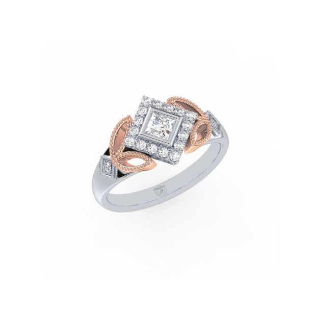 A Modern Bellissima Custom Jewel, the Sparkling Skye Engagement Ring. In 9ct White Gold with a Rose Gold Inset. Set with one 0,27ct Princess Cut Moissanite centre stone and 18 x 1.3mm Round Side Set Moissanite stones. Metamorphosis Jewellery from Jose Jewellers, Benoni, South Africa.